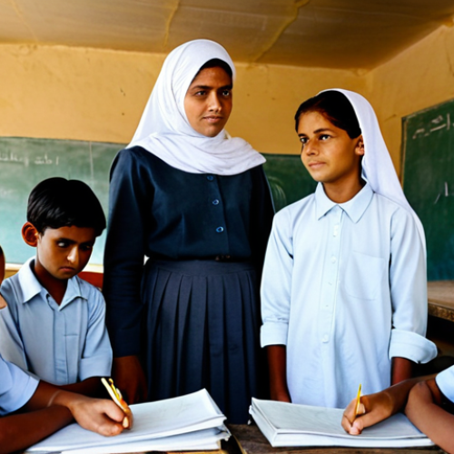 A group of school-aged children, fully clothed in modest, simple attire, attentively gathered around a dedicated female teacher. They are learning within a reinforced, temporary school structure, possibly a clean, well-lit makeshift classroom with basic educational materials like slates and pencils. The setting conveys safety and focus on learning, not conflict. Professional photography, soft, natural lighting, high resolution, detailed, perfect anatomy, correct proportions, natural pose, well-formed hands, proper finger count, natural body proportions, safe for work, appropriate content, fully clothed, professional, modest, family-friendly.