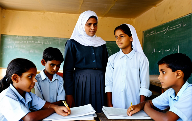 A group of school-aged children, fully clothed in modest, simple attire, attentively gathered around a dedicated female teacher. They are learning within a reinforced, temporary school structure, possibly a clean, well-lit makeshift classroom with basic educational materials like slates and pencils. The setting conveys safety and focus on learning, not conflict. Professional photography, soft, natural lighting, high resolution, detailed, perfect anatomy, correct proportions, natural pose, well-formed hands, proper finger count, natural body proportions, safe for work, appropriate content, fully clothed, professional, modest, family-friendly.