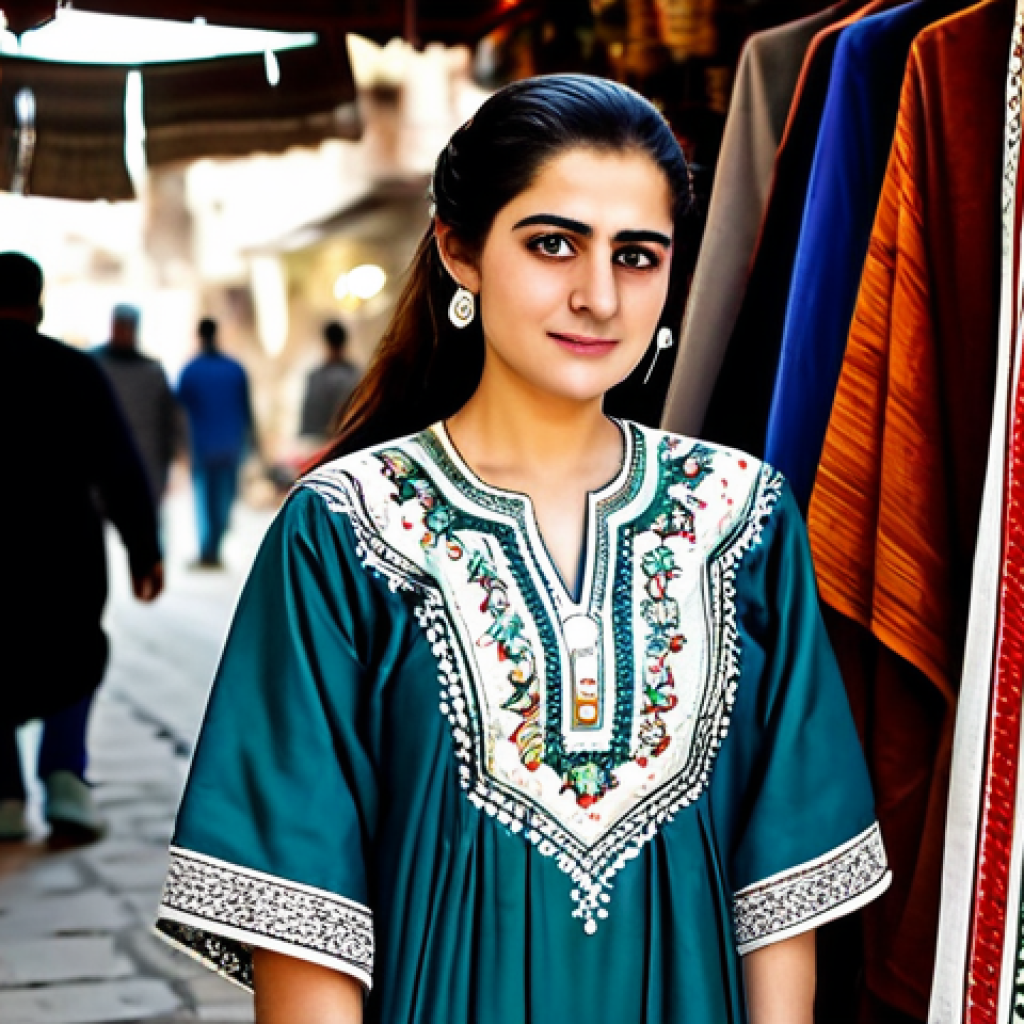 시리아 전통 의상 카프탄 - "A woman wearing a traditional Syrian Kaftan, fully clothed, with intricate embroidery, standing in ...