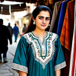 Home 12 시리아 전통 의상 카프탄 - "A woman wearing a traditional Syrian Kaftan, fully clothed, with intricate embroidery, standing in ...