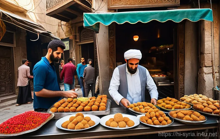 시리아 여행 비용 예산 짜기 - **Prompt: A vibrant, bustling street food scene in the heart of Damascus, Syria. Focus on a street v...