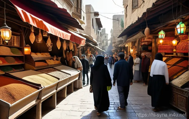 시리아 여행 비자 정보 - **Prompt:** "A panoramic view of the bustling Souk Al-Hamidiyeh in the Old City of Damascus, under i...