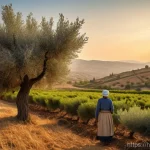 Home 8 시리아의 주요 무역품 - **Prompt 1: "A serene and hopeful scene depicting a Syrian farmer tending to a flourishing olive gro...