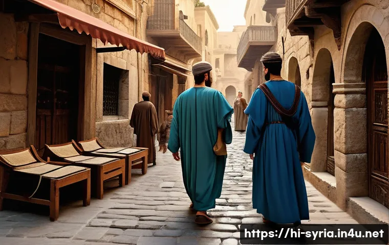 시리아의 종교적 다양성 - **Prompt:** "An atmospheric historical scene depicting a vibrant street in ancient Damascus, Syria, ...