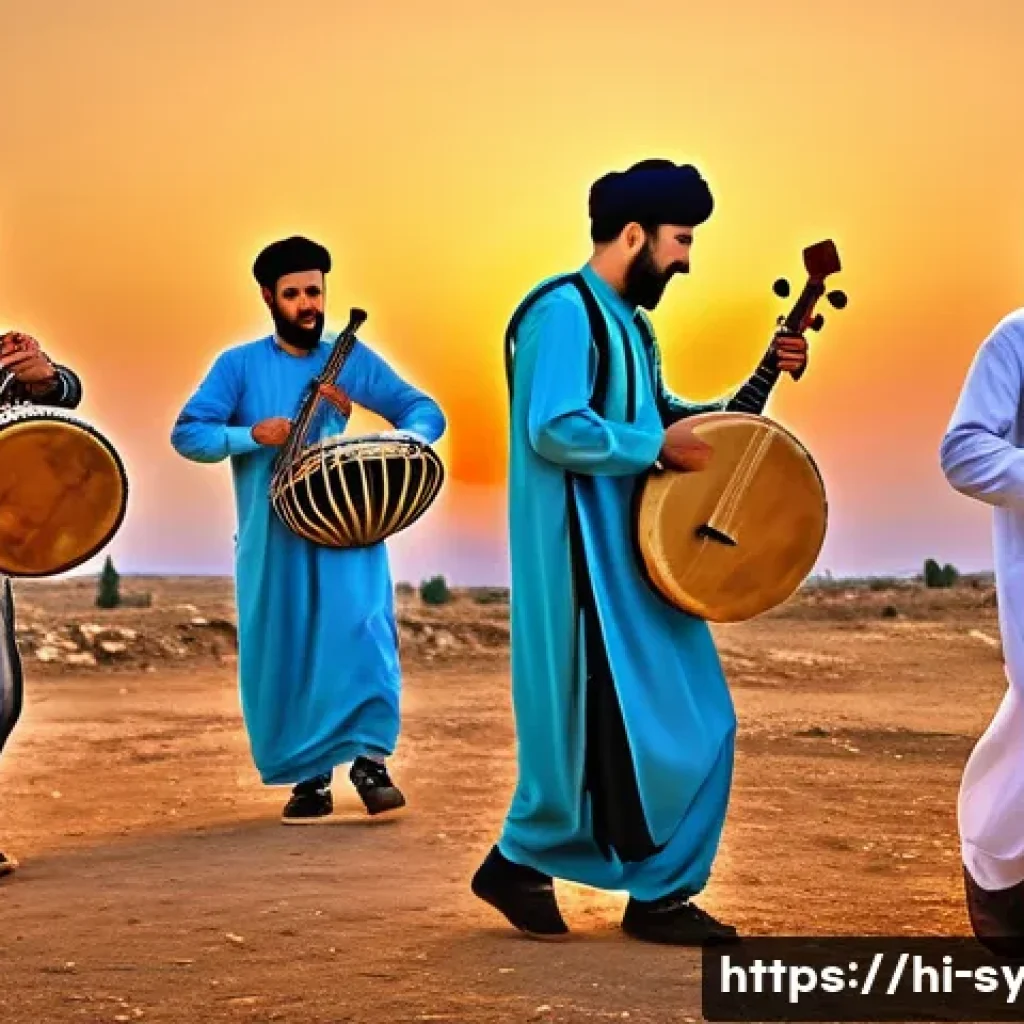 시리아 전통 음악과 악기 - A vibrant Syrian cultural festival scene showing musicians playing traditional instruments like the ...