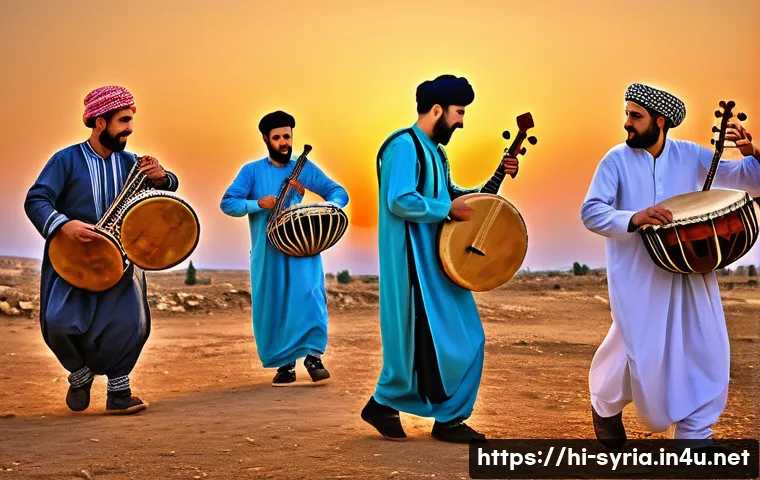 시리아 전통 음악과 악기 - A vibrant Syrian cultural festival scene showing musicians playing traditional instruments like the ...