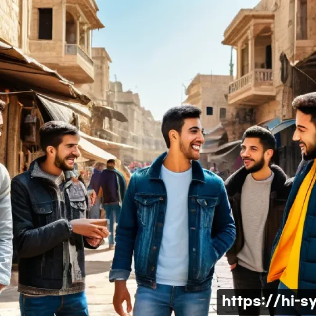 시리아의 유행어와 슬랭 - A vibrant street scene in Syria showcasing a group of young people engaging in lively conversation u...