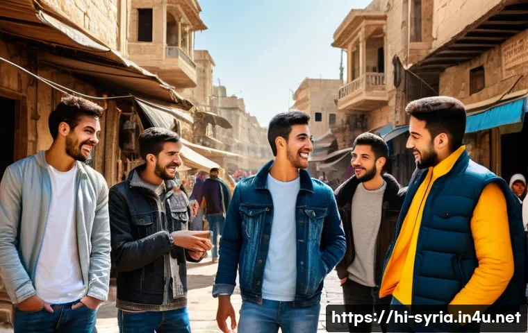 시리아의 유행어와 슬랭 - A vibrant street scene in Syria showcasing a group of young people engaging in lively conversation u...