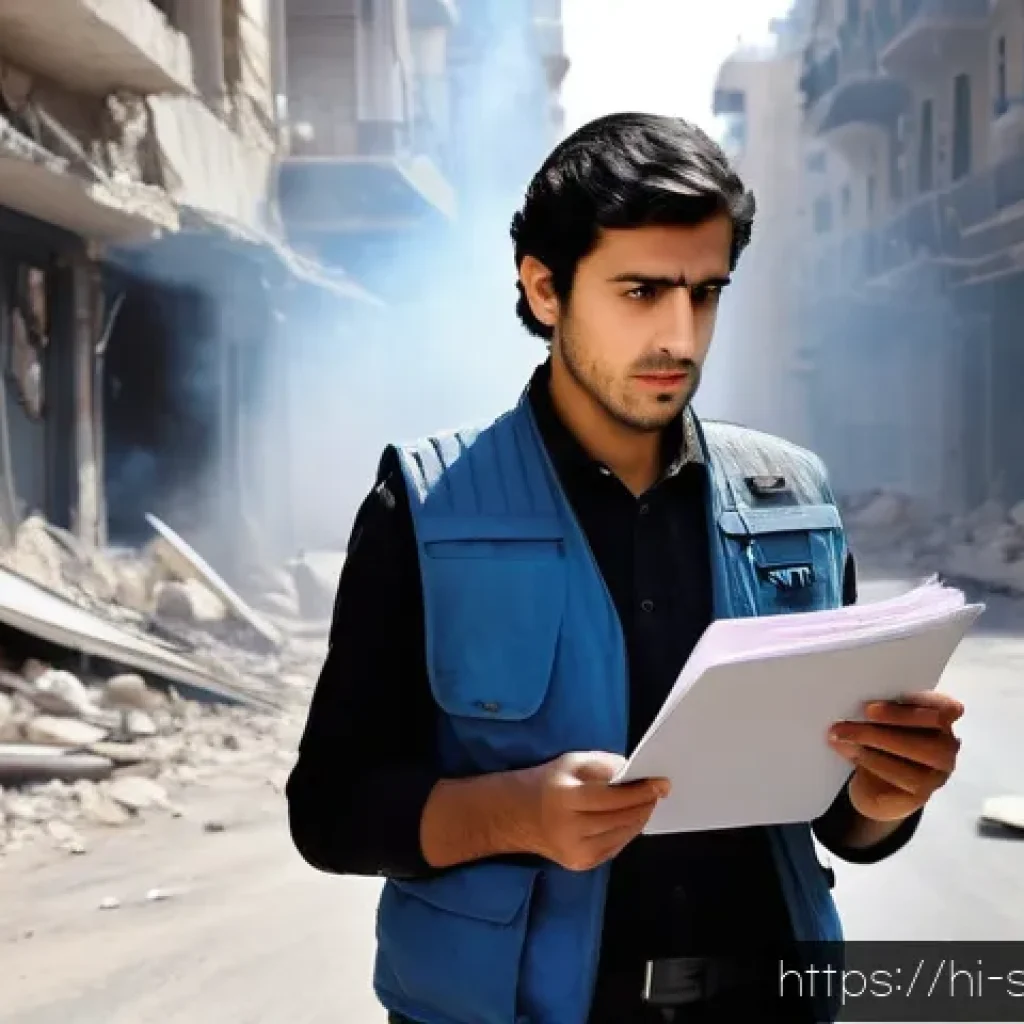 시리아의 언론 자유도 - A determined Syrian journalist wearing modest professional clothing and a press vest, reporting caut...