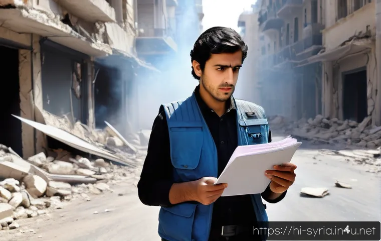 시리아의 언론 자유도 - A determined Syrian journalist wearing modest professional clothing and a press vest, reporting caut...