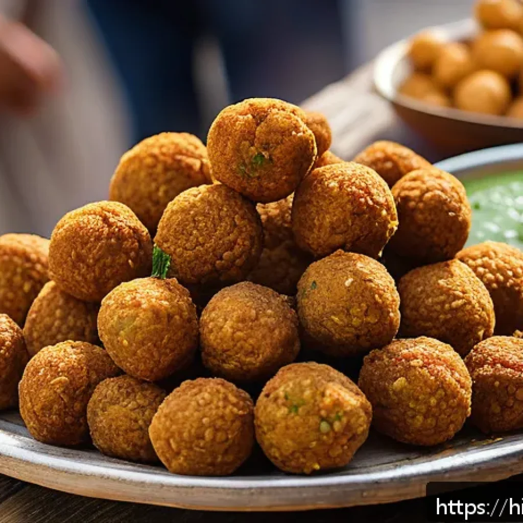 시리아에서 가장 인기 있는 요리 - A vibrant street food scene in Syria featuring a close-up of golden, crispy falafel balls made from ...