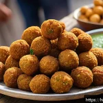 Home 22 시리아에서 가장 인기 있는 요리 - A vibrant street food scene in Syria featuring a close-up of golden, crispy falafel balls made from ...