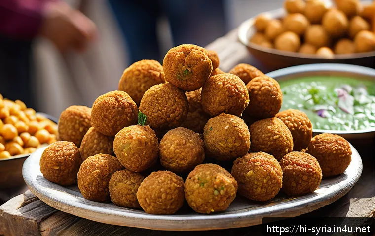 시리아에서 가장 인기 있는 요리 - A vibrant street food scene in Syria featuring a close-up of golden, crispy falafel balls made from ...