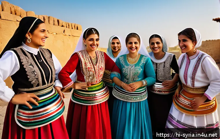 시리아 문화와 민속 춤 - A vibrant scene of a traditional Syrian Dabke dance in a rural village setting, featuring a group of...