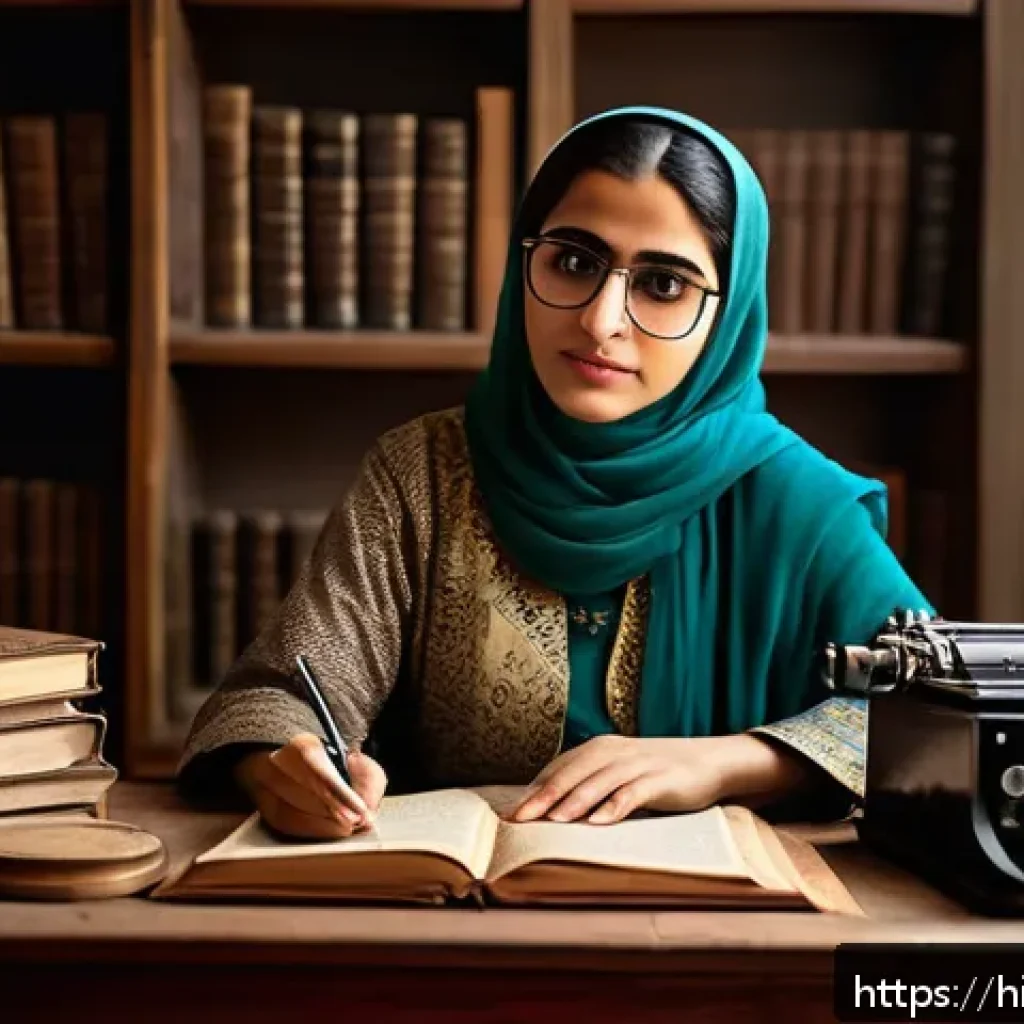 시리아 문학과 유명 작가 - A powerful scene depicting a Syrian woman writer in modest, elegant traditional clothing and glasses...