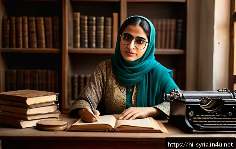 시리아 문학과 유명 작가 - A powerful scene depicting a Syrian woman writer in modest, elegant traditional clothing and glasses...