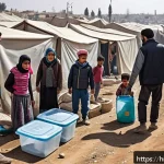Home 19 시리아와 유엔 관계사 - A detailed scene depicting the humanitarian crisis in Syria, showing a crowded refugee camp with fam...