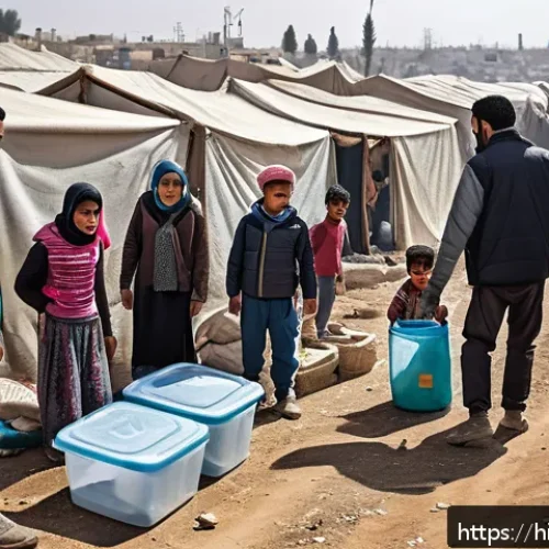 Home 31 시리아와 유엔 관계사 - A detailed scene depicting the humanitarian crisis in Syria, showing a crowded refugee camp with fam...