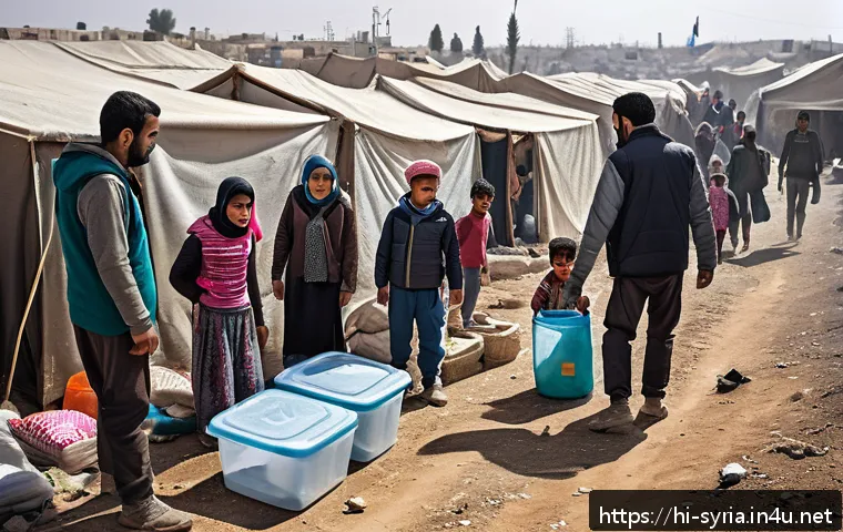 시리아와 유엔 관계사 - A detailed scene depicting the humanitarian crisis in Syria, showing a crowded refugee camp with fam...