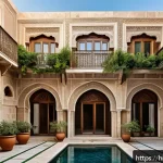 Home 18 시리아의 전통 건축 양식 - A traditional Syrian courtyard house in Damascus under bright daylight, showcasing thick stone walls...