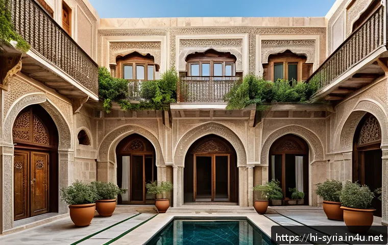 시리아의 전통 건축 양식 - A traditional Syrian courtyard house in Damascus under bright daylight, showcasing thick stone walls...