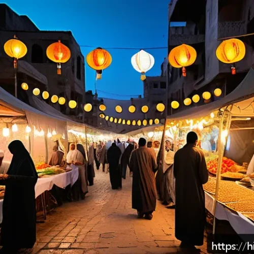 Home 17 시리아 여행 중 현지인과 소통하기 - A vibrant Syrian street market scene during Ramadan evening, with diverse local people warmly sharin...