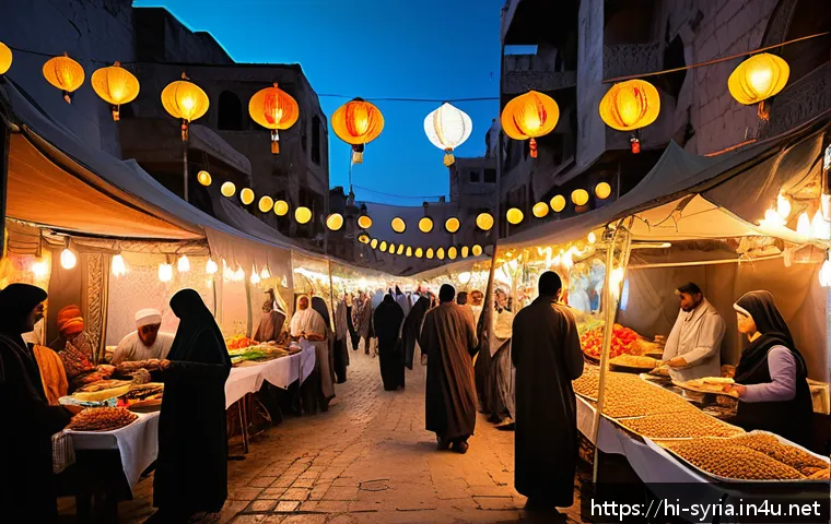 시리아 여행 중 현지인과 소통하기 - A vibrant Syrian street market scene during Ramadan evening, with diverse local people warmly sharin...